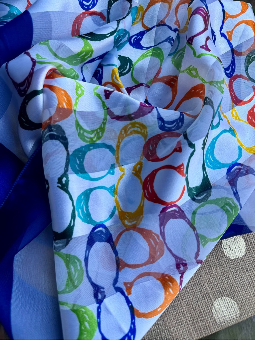 Vintage Coach Silk Scarf Rainbow Multi Color C Monogram Blue Trim - X-Large Y2K